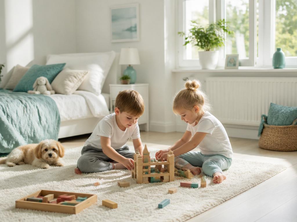 Bambini giocano sereni in camera da letto senza allergeni