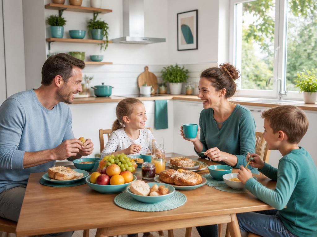 Famiglia fa colazione in cucina luminosa e senza muffa